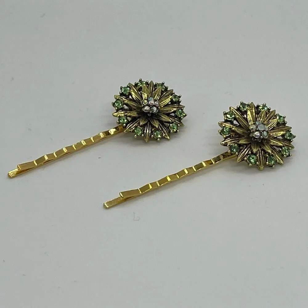Handmade Green Rhinestone Gold Whimsical Set Hair Clips HoCo Fairy Jewelry NWT